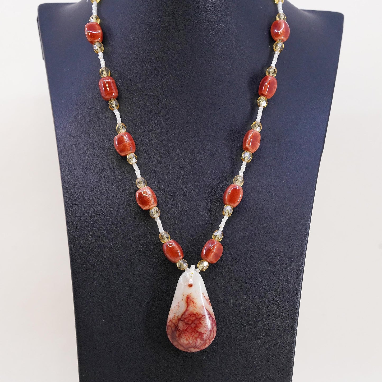 18”, VTG Red Vein Jasper Teardrop Pendant Necklace, Red Enamel Sterling Silver