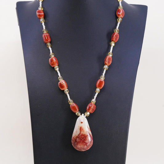 18”, VTG Red Vein Jasper Teardrop Pendant Necklace, Red Enamel Sterling Silver