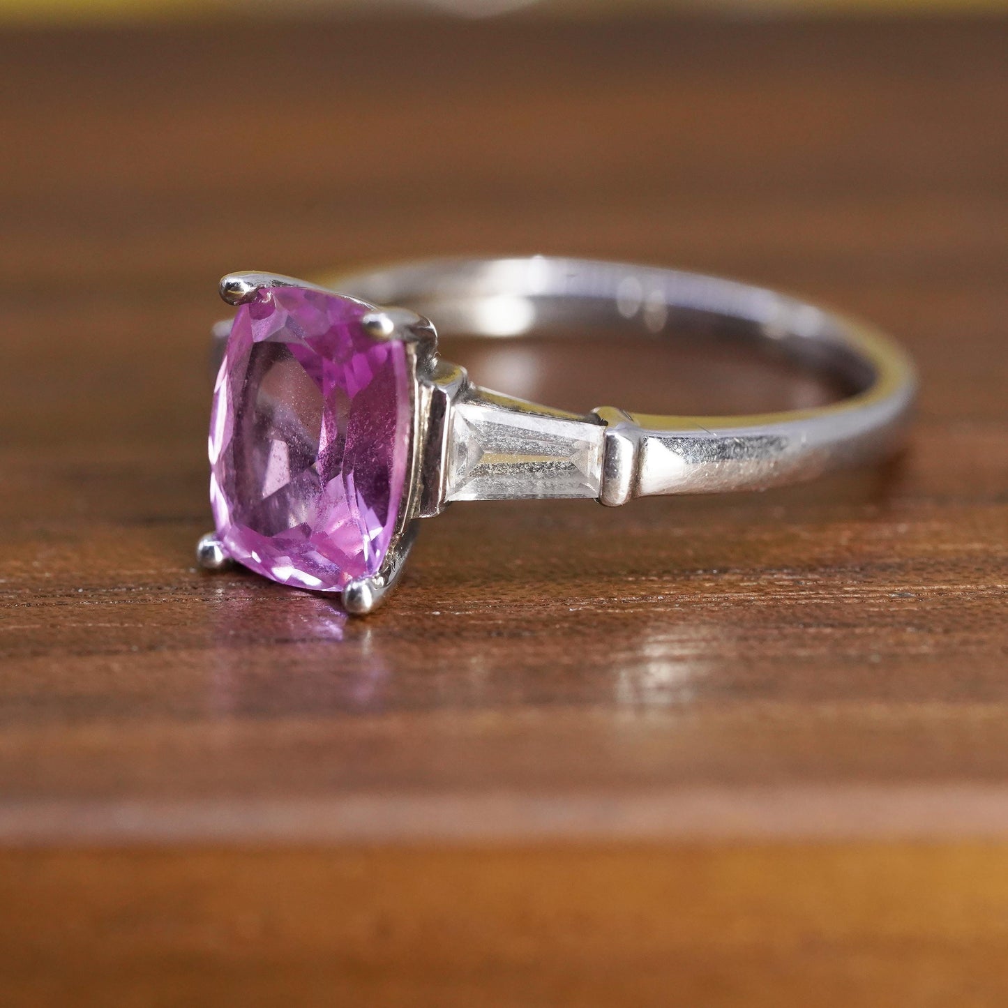 Size 7.25, vintage Sterling silver handmade ring, 925 band pink white sapphire