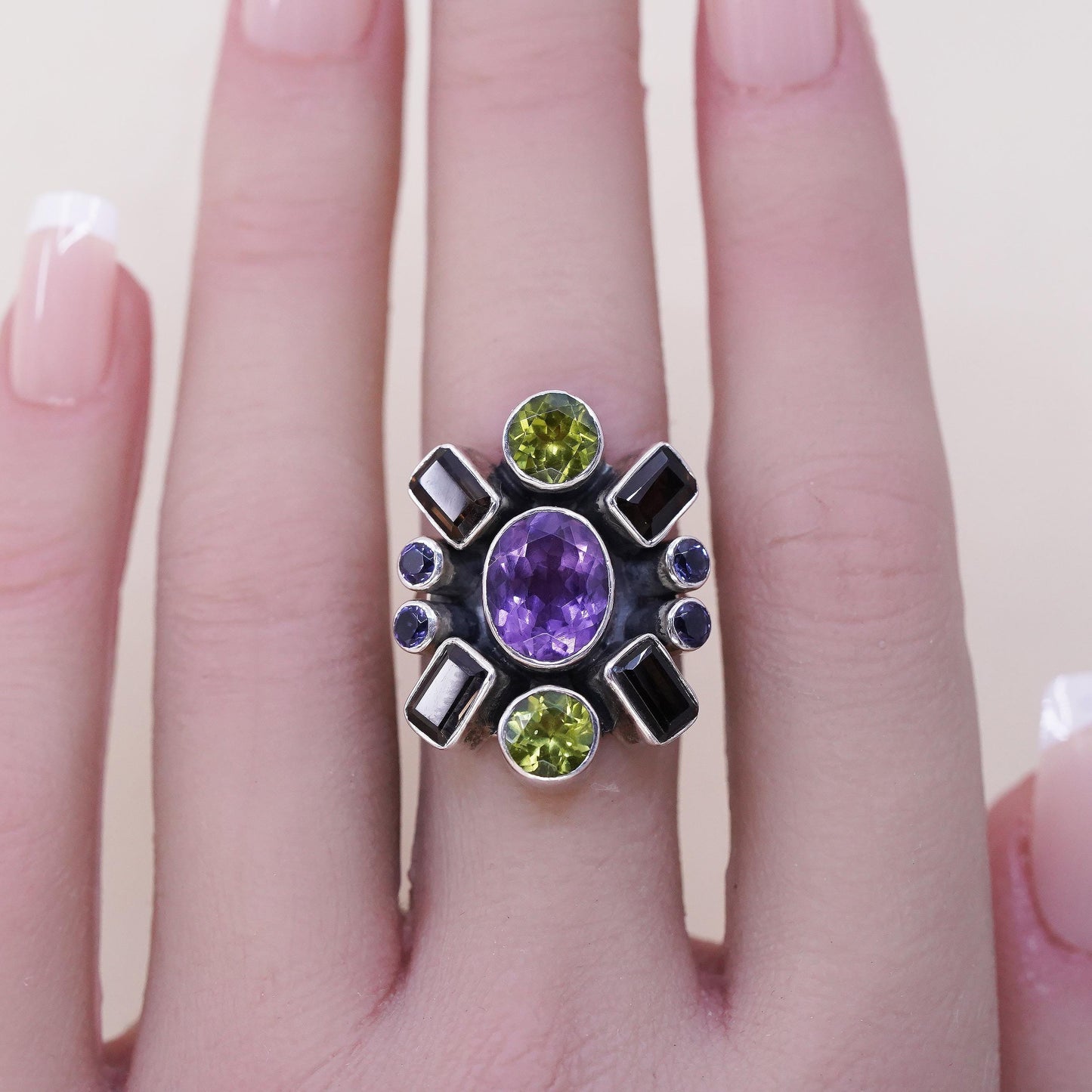 Size 7, Vintage Nicky Butler NB 925 Sterling Silver Multi Gemstone Ring Peridot