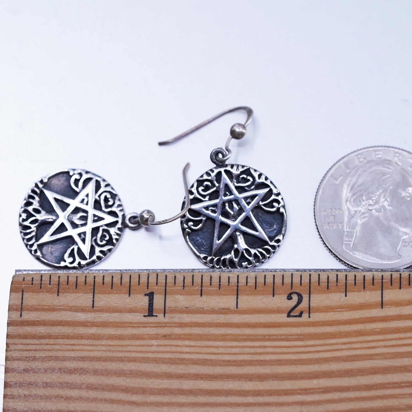 P. Borda 925 Sterling Silver Pentagram Star Earrings, Tree of Life inlay Gothic