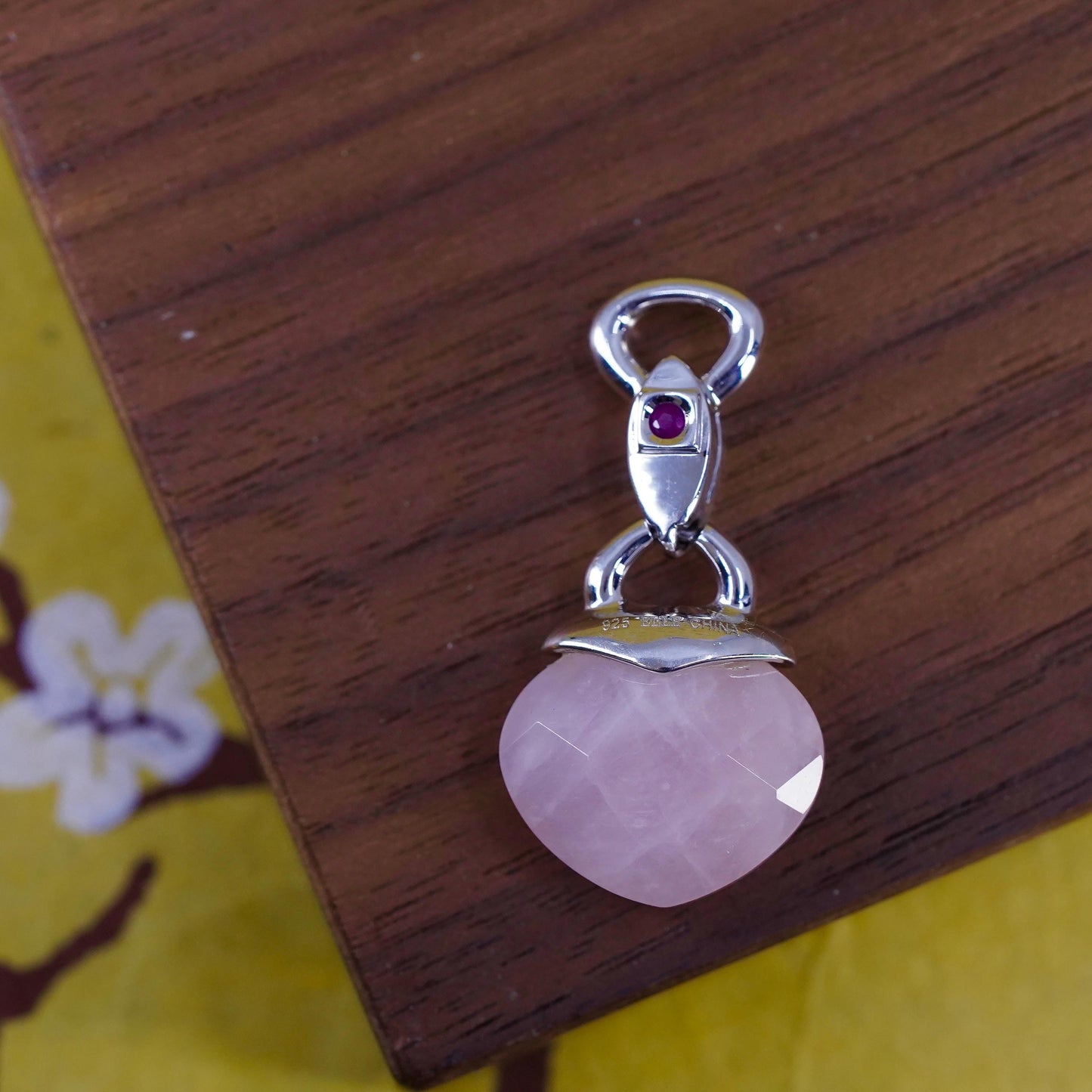 VTG Elle Sterling 925 silver handmade pendant w/ heart pink rose quartz ruby