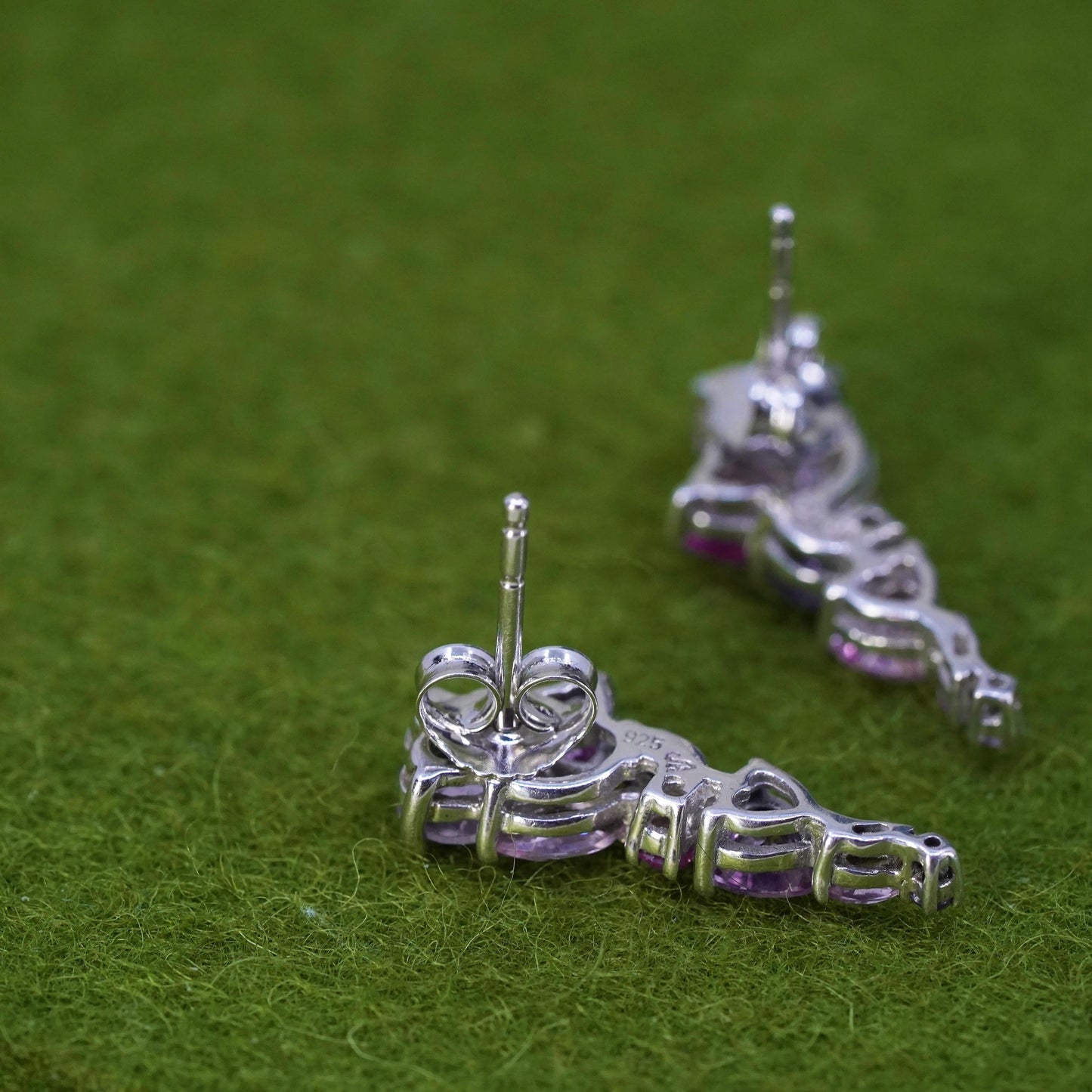 Vintage Sterling silver handmade earrings, 925 flower studs w/ cluster amethyst