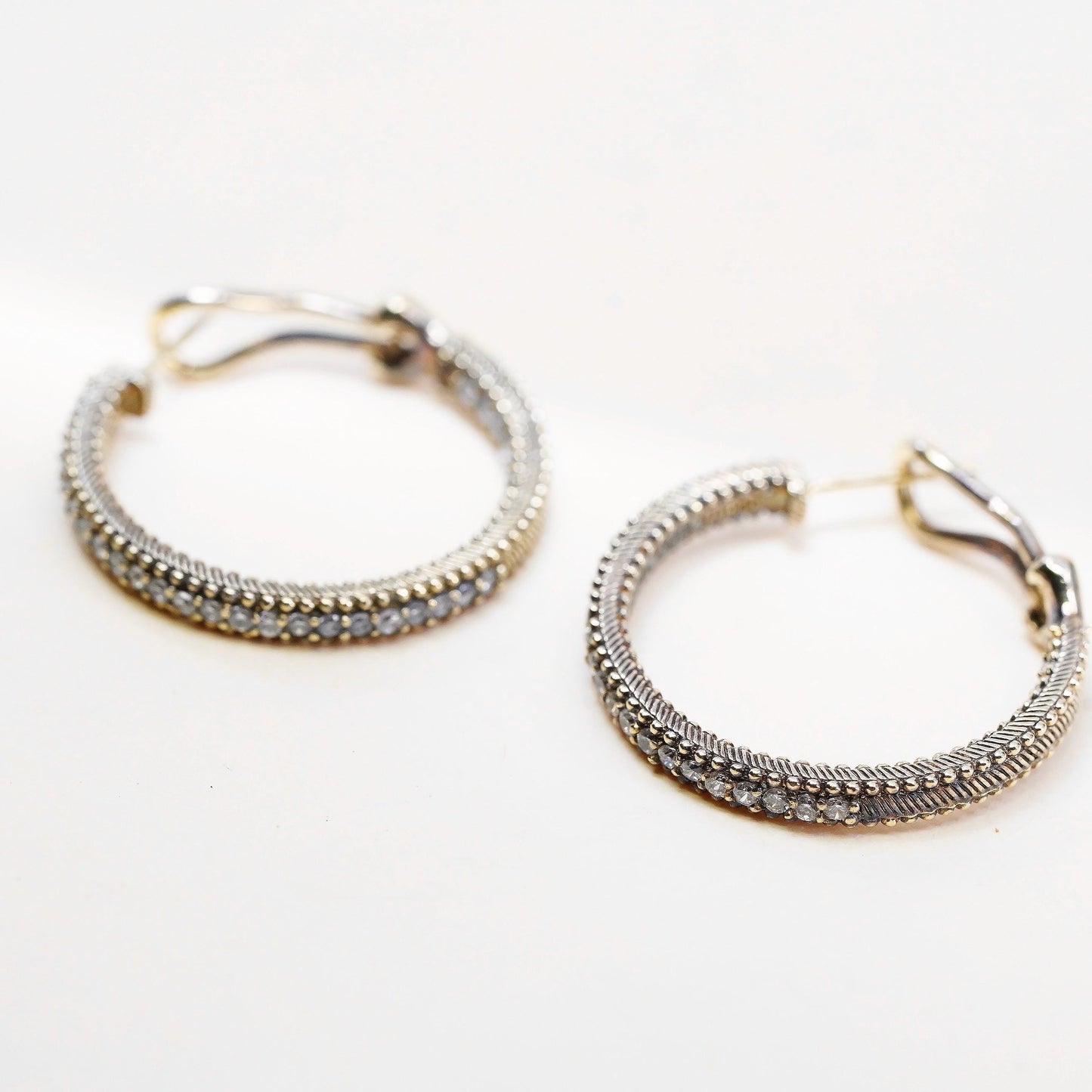 1", Judith Ripka gold plated sterling silver earrings, 925 textured hoops Cz