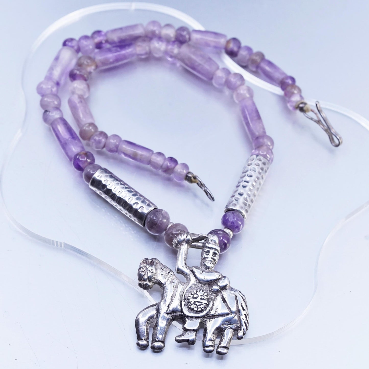 20", Mexican Aztec Sterling 925 silver necklace amethyst tube horse pendant