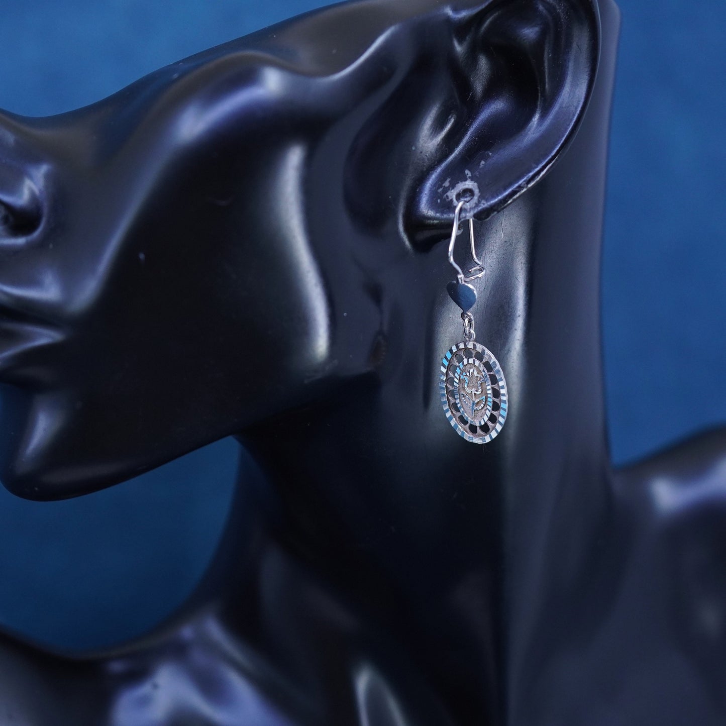 Vintage sterling silver handmade earrings, 925 filigree floral drop