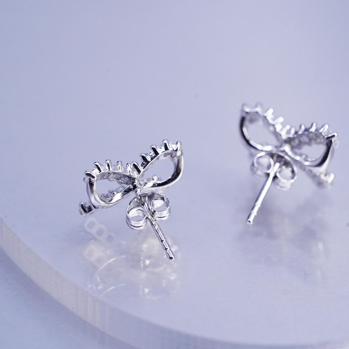Vintage Sterling 925 silver handmade earrings, ribbon bow tie studs cluster Cz