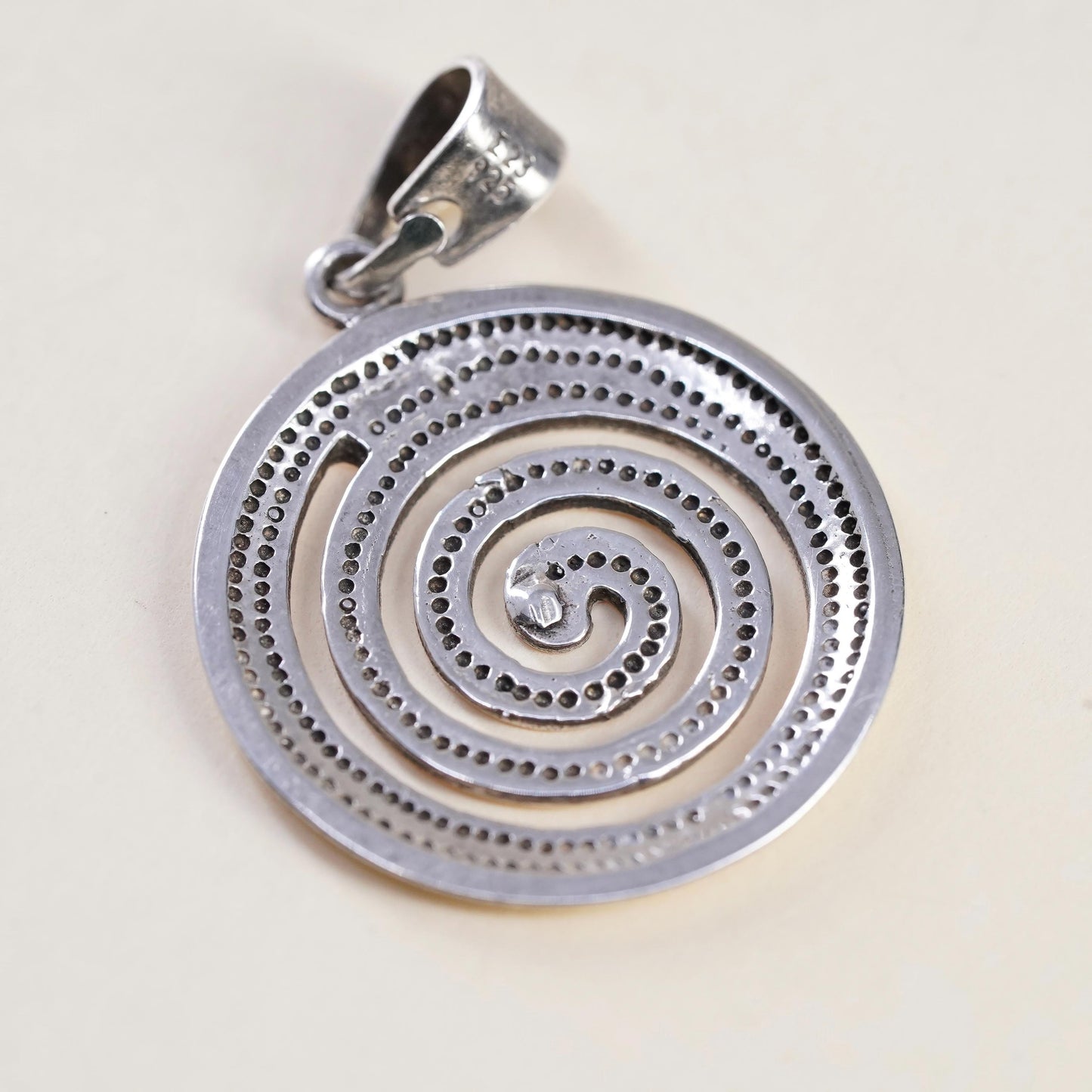 Vintage handmade Sterling silver pendant, 925 circle tag with spiral cut out