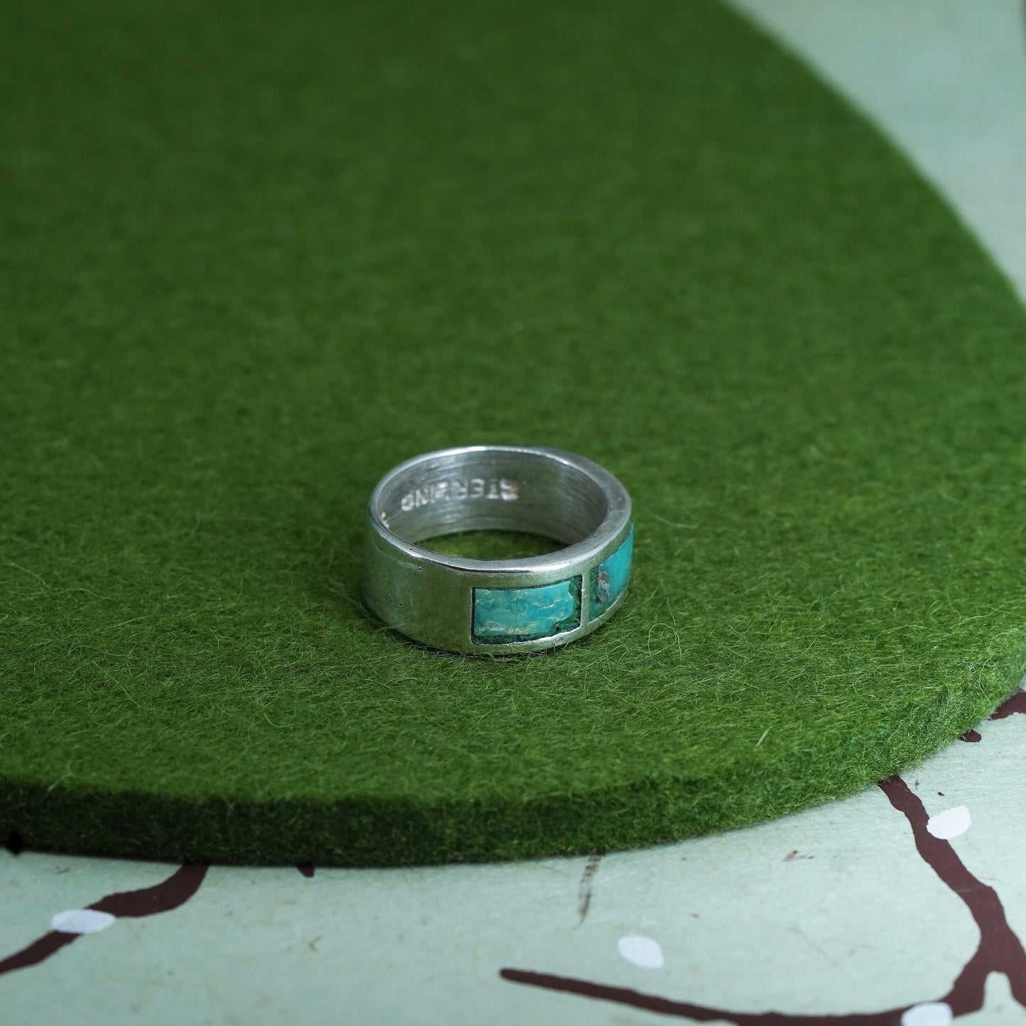 Size 5.25 Native American bell post sterling silver ring, 925 band w/ turquoise