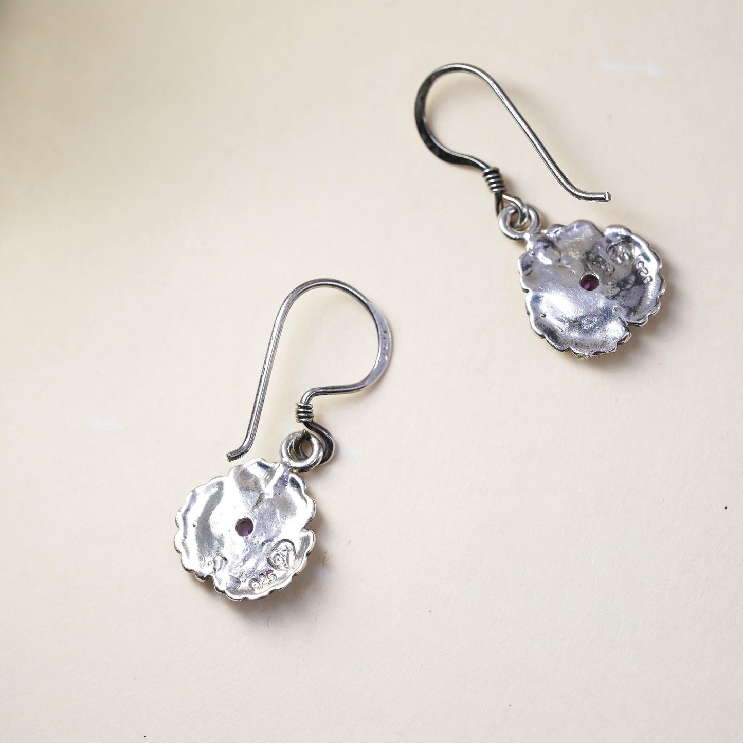 Vintage sterling silver handmade earrings, 925 flower with amethyst
