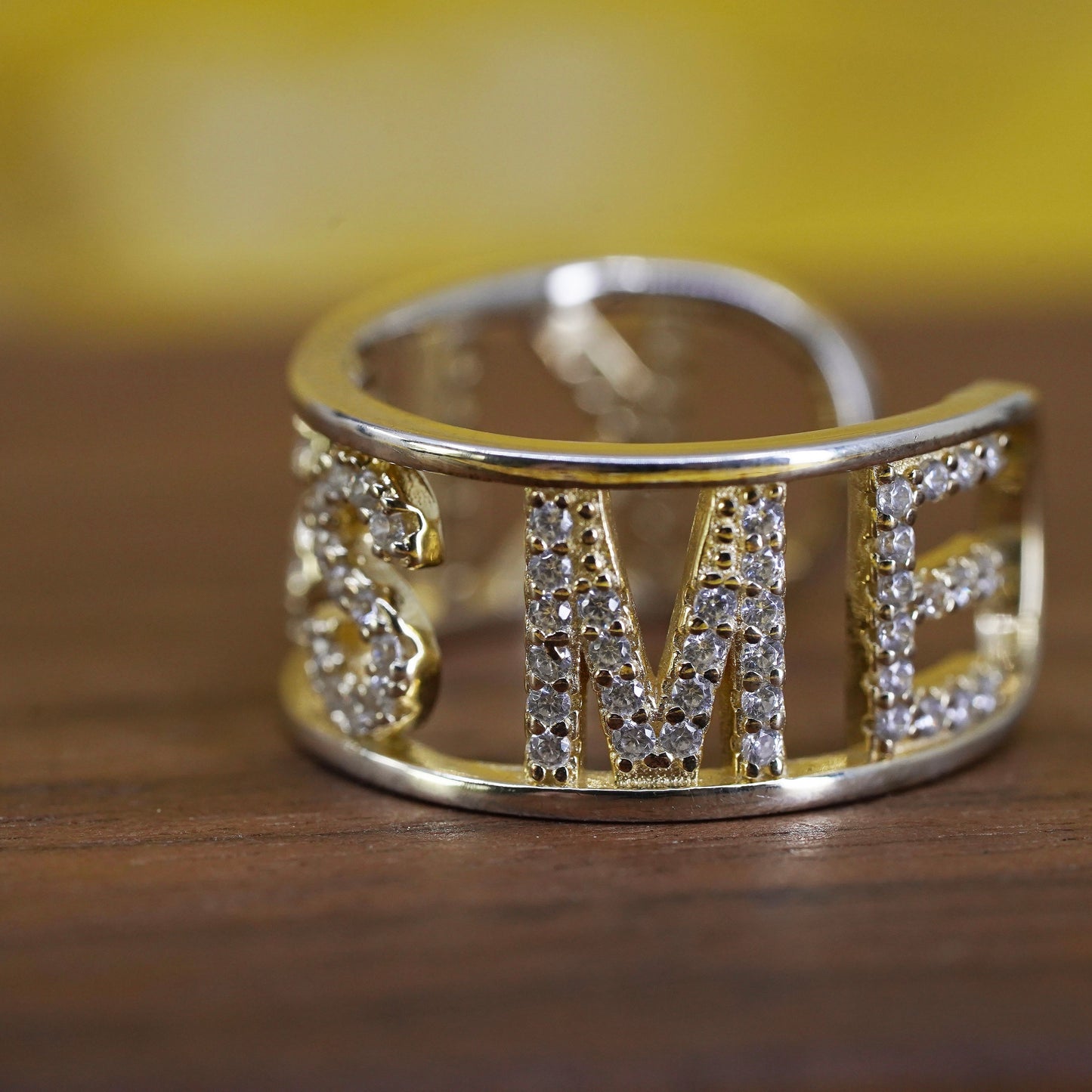 vintage vermeil gold over Sterling silver “Kiss Me” ring, 925 band cluster cz