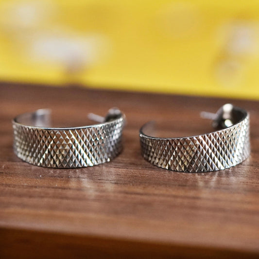 1”, vintage sterling silver handmade hoops, textured 925 huggie earrings