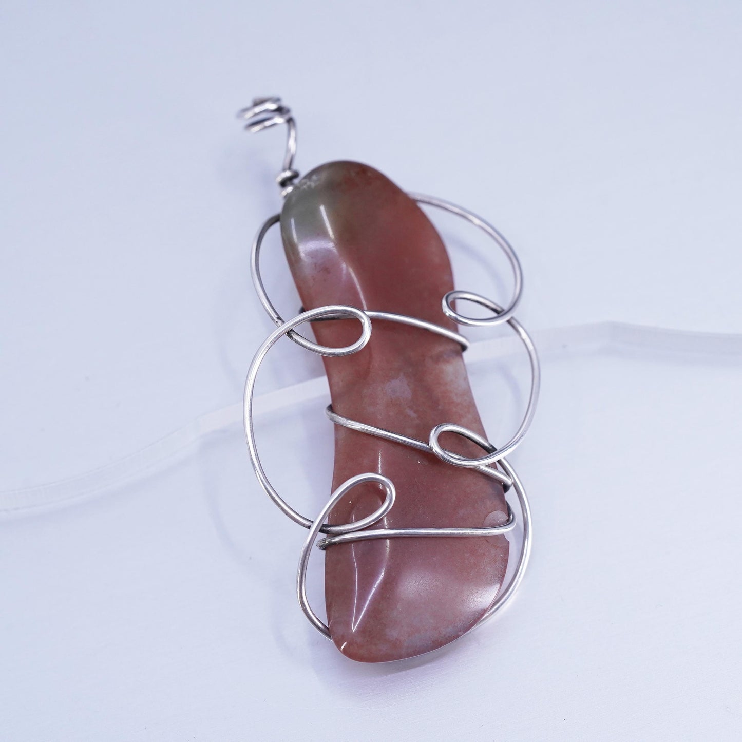 Vintage sterling 925 silver handmade wired agate pendant, stamped silver tested