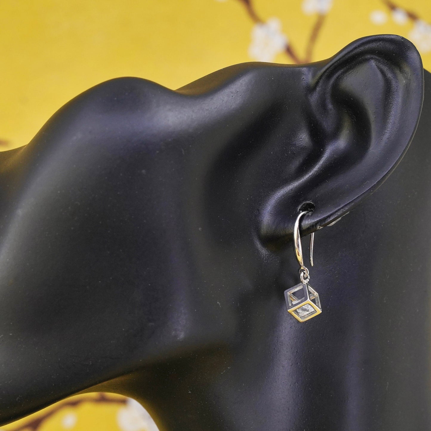 Vintage Sterling 925 silver handmade earrings with CZ cube cage dangles