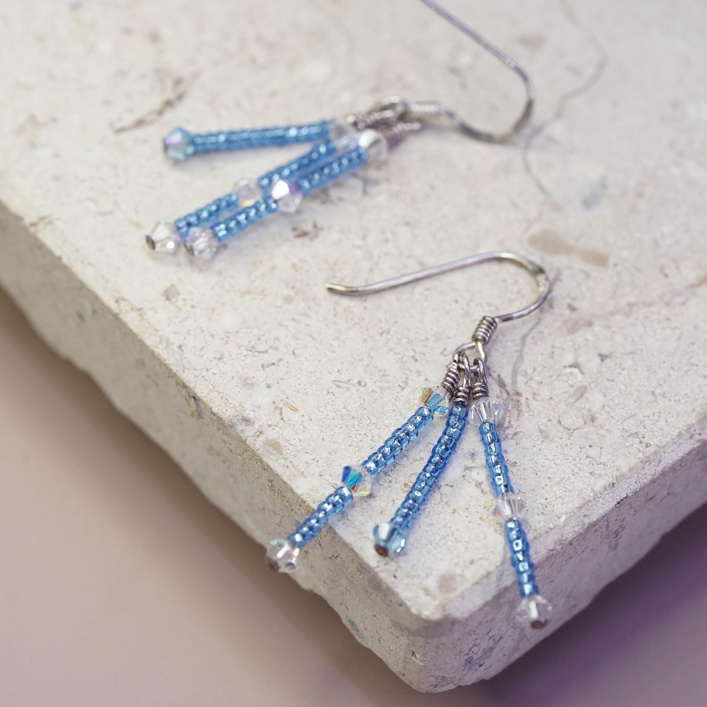 Vintage sterling silver 925 handmade earrings with blue crystal beads