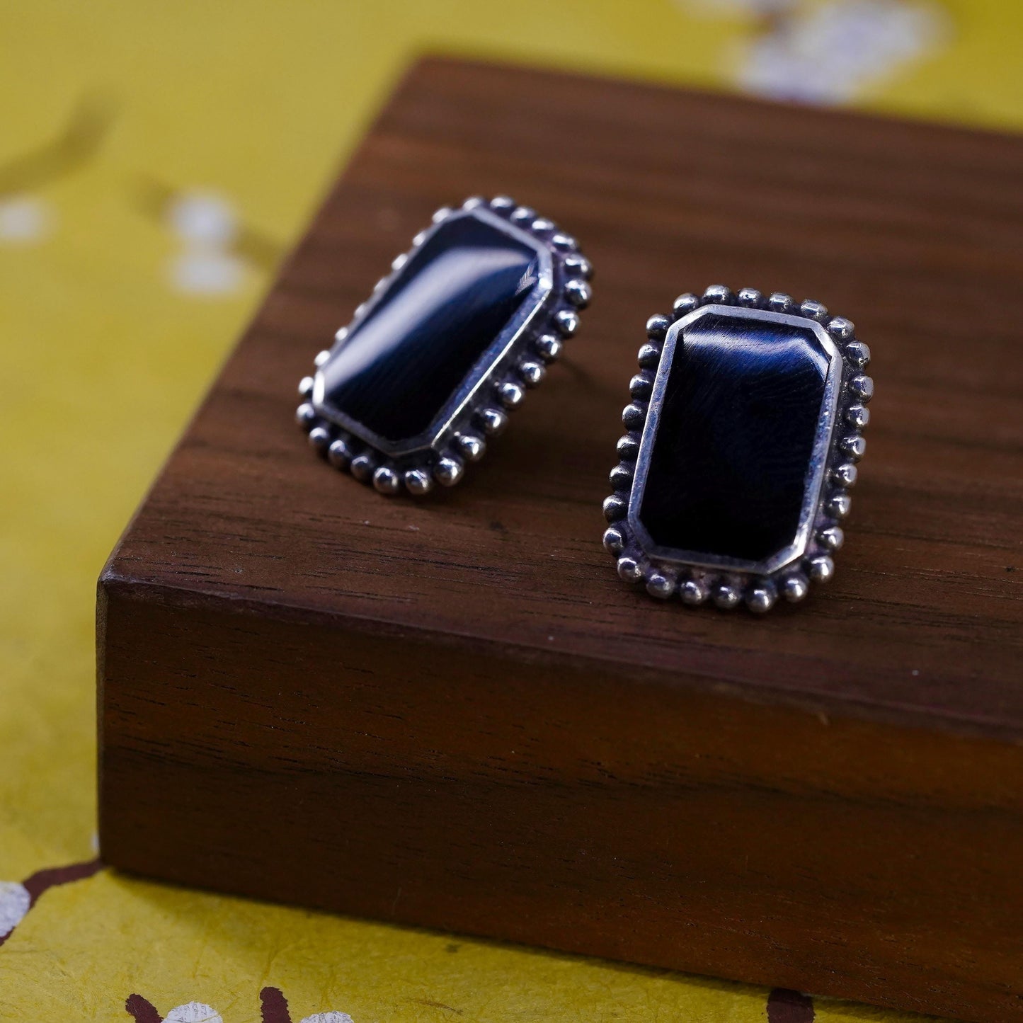 Vintage Sterling 925 silver handmade rectangular studs earrings with onyx beads