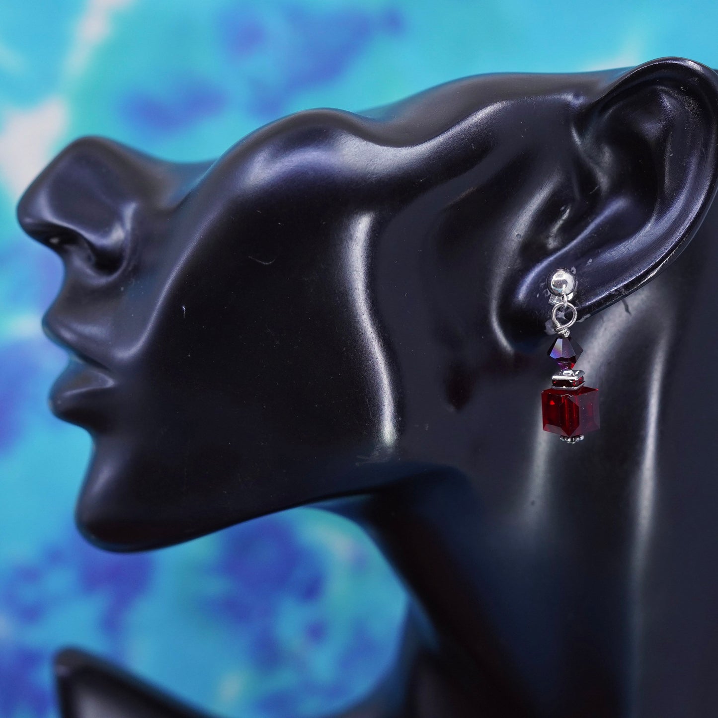 Vintage Sterling 925 silver handmade earrings with cube ruby