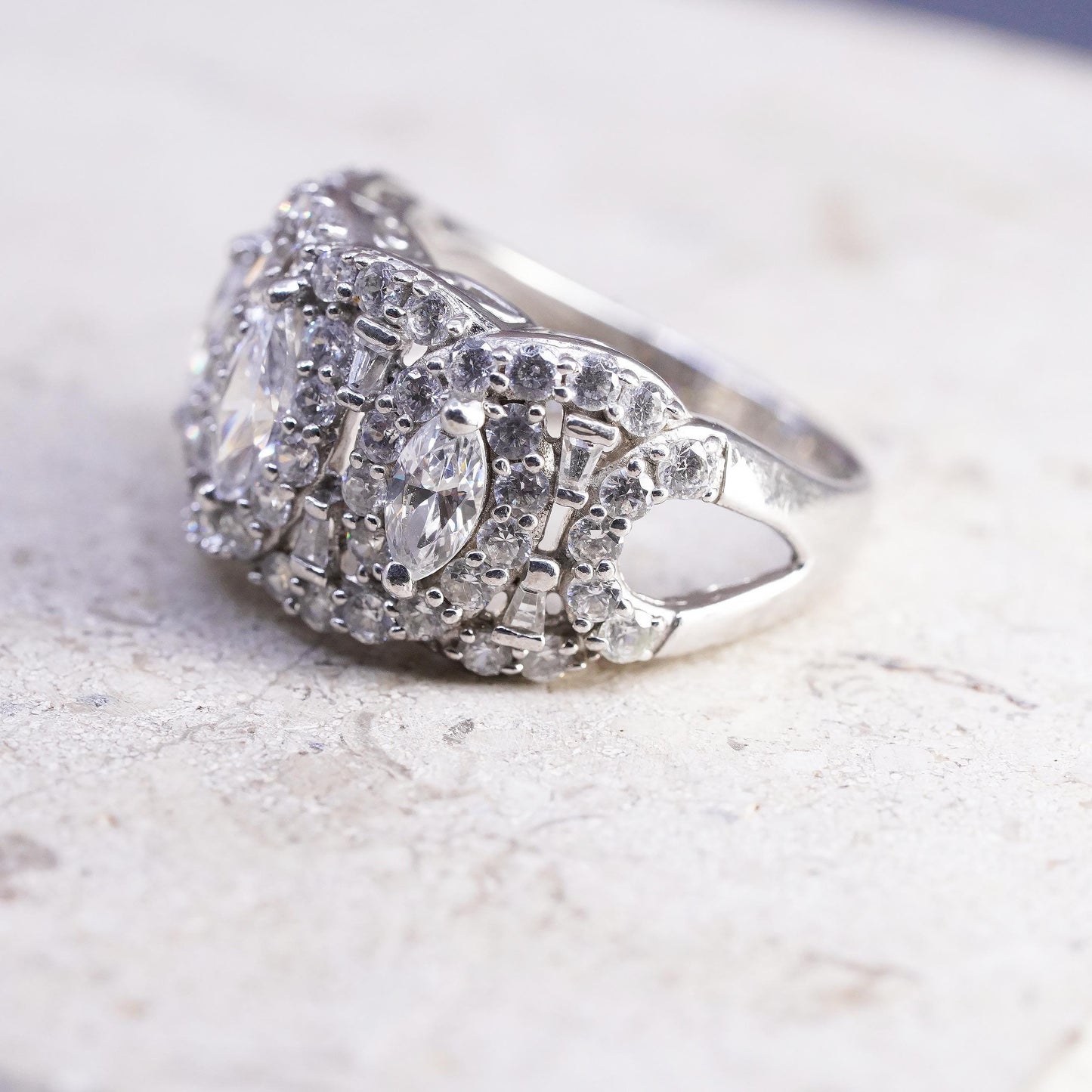 Size 8, Vintage 925 Sterling Silver CZ Marquise Cluster Ring Sparkling Cocktail