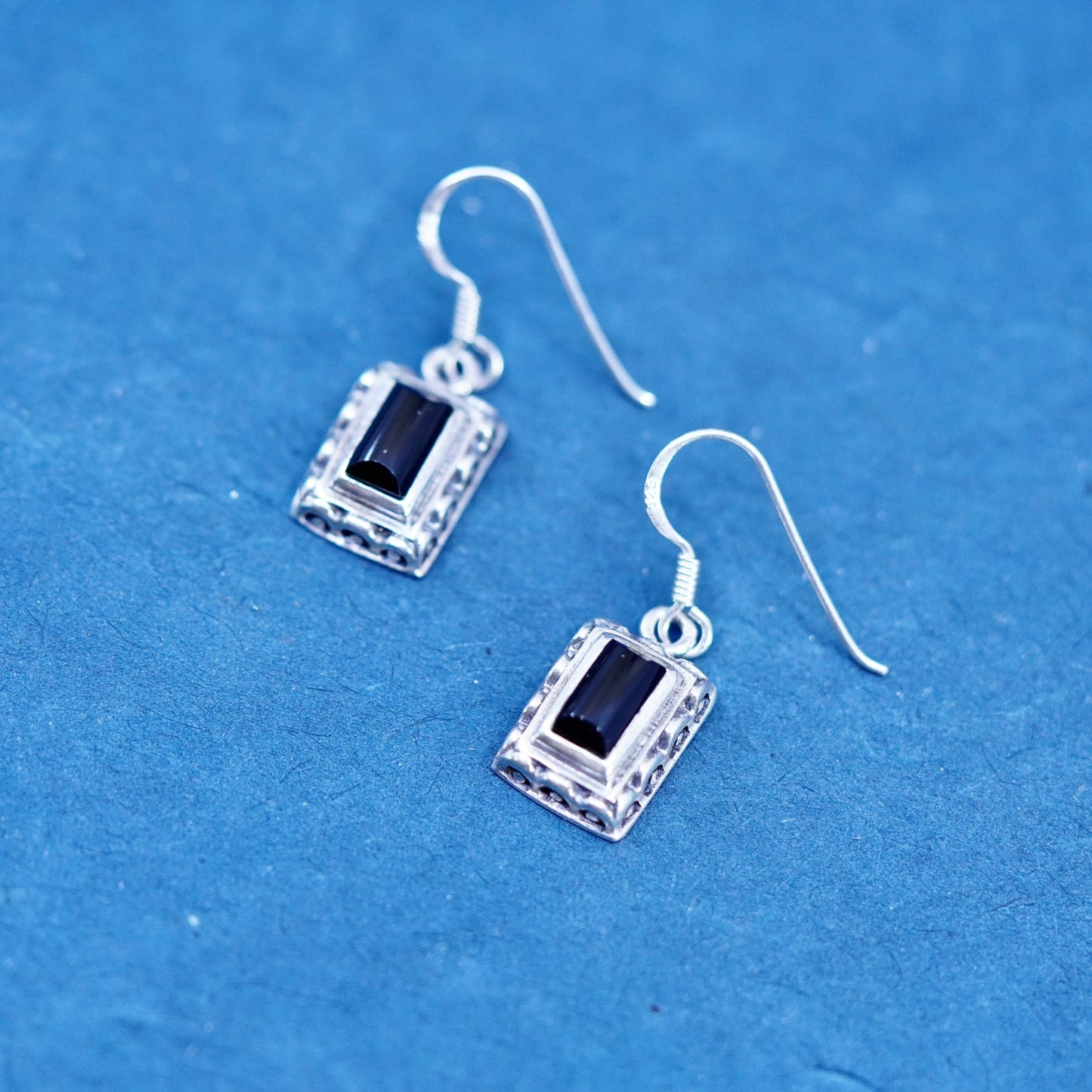 Vintage sterling 925 silver handmade earrings with rectangular obsidian