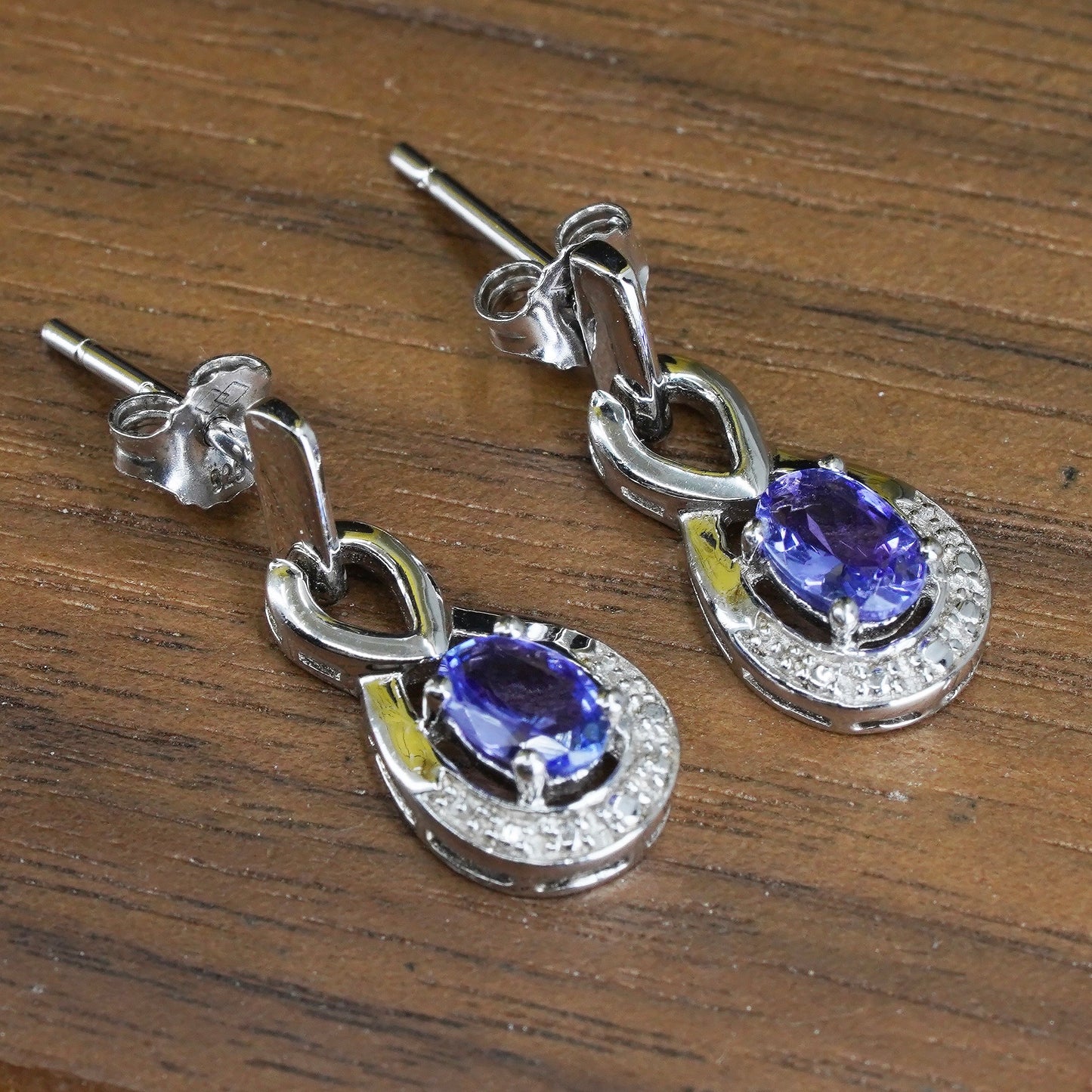 Vintage Sterling 925 silver teardrop earrings with amethyst and diamond