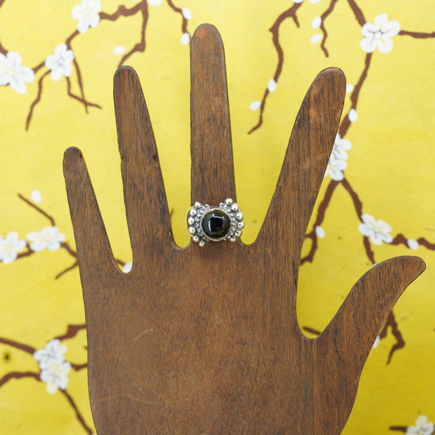 Size 6.5, vintage Sterling 925 silver handmade ring with obsidian and beads