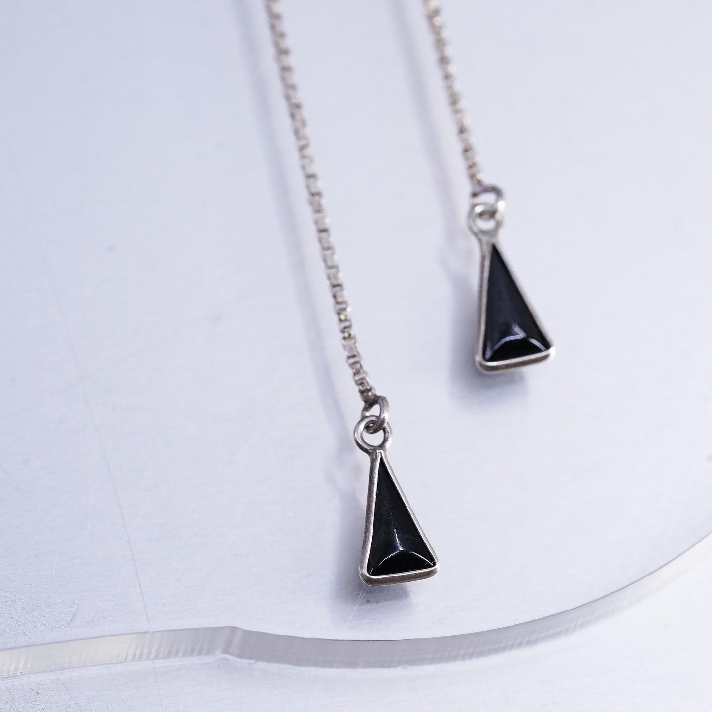 Vintage Sterling 925 silver handmade box chain earrings triangular onyx dangles