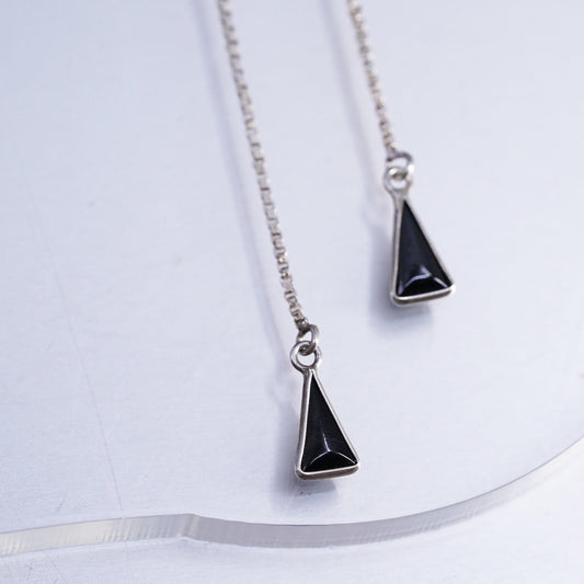 Vintage Sterling 925 silver handmade box chain earrings triangular onyx dangles