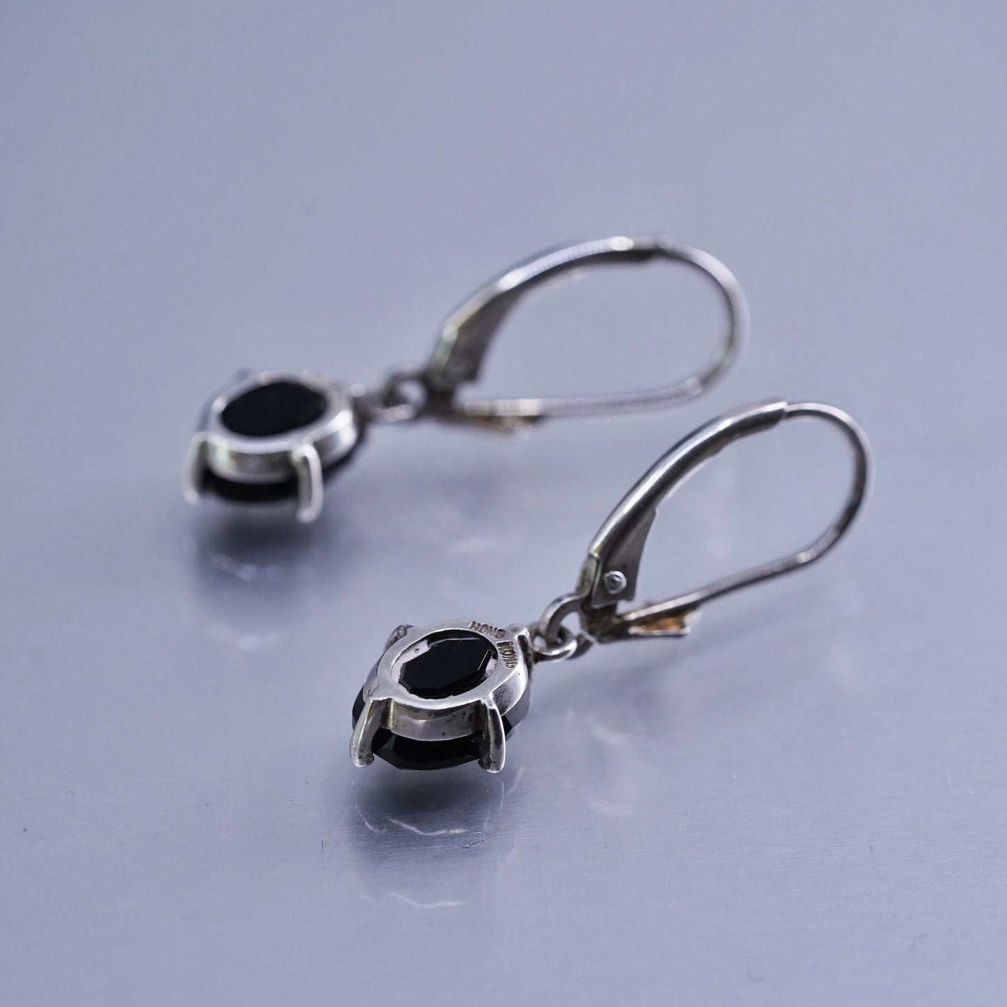 Vintage Sterling 925 silver handmade earrings with oval obsidian