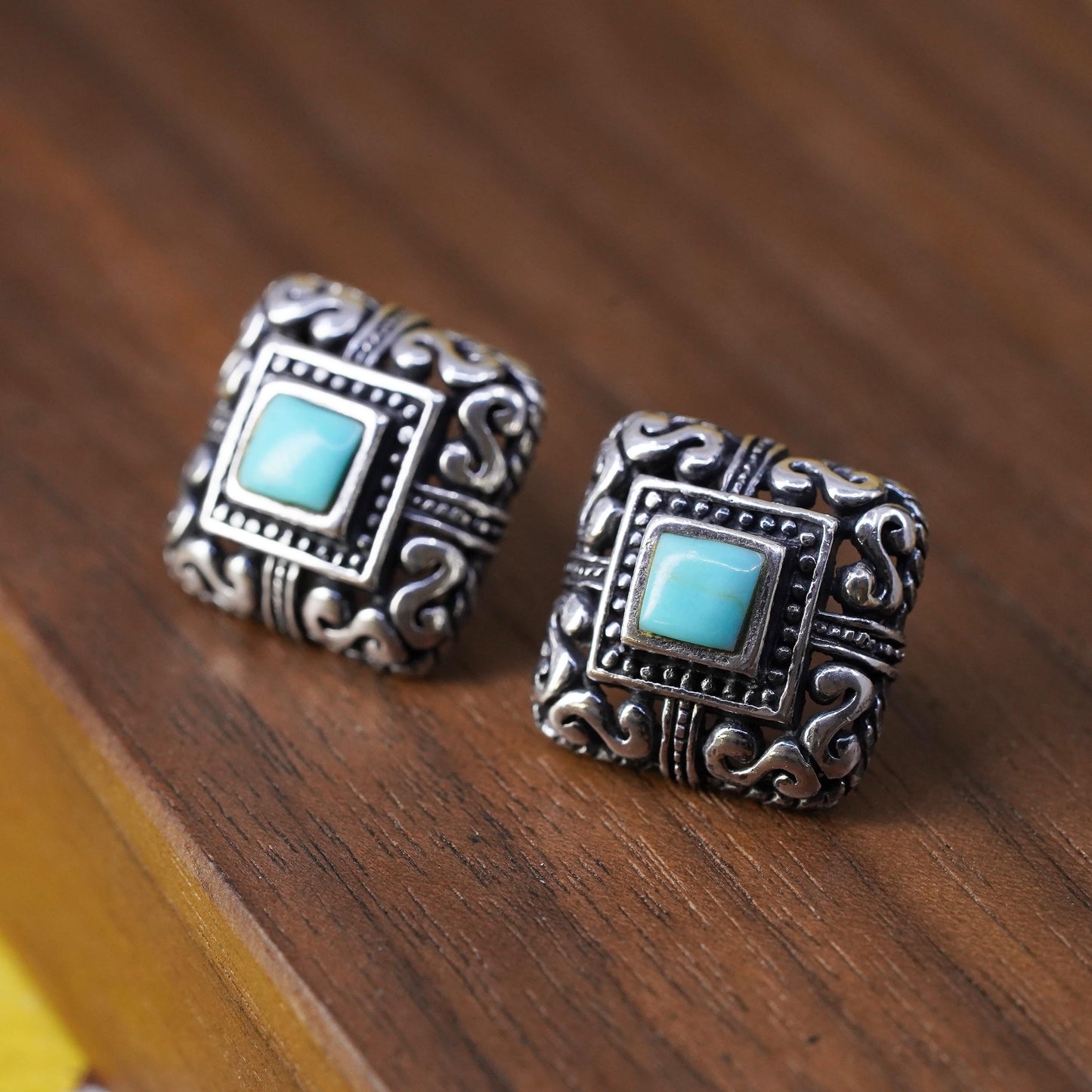 southwestern Sterling Silver square Earrings, 925 filigree studs with turquoise