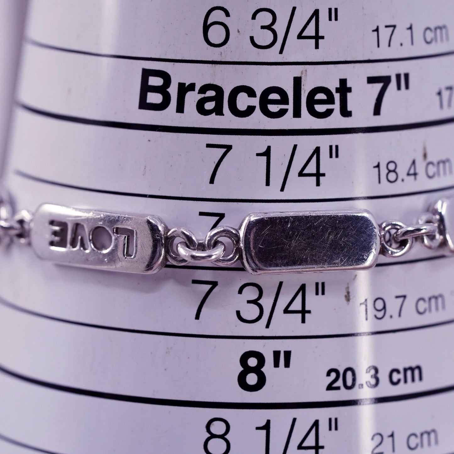 7.5", vintage Sterling silver handmade bracelet, 925 bar with love cutout
