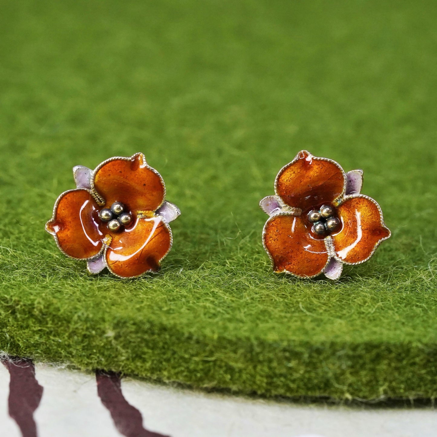 vermeil gold over Sterling silver earrings, 925 flower studs with orange enamel