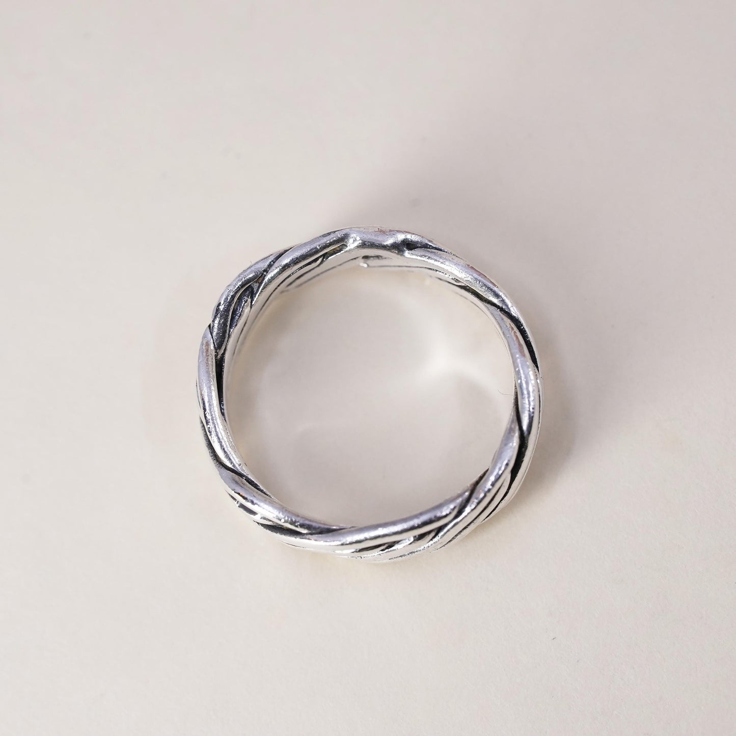 Size 7.5, vintage Sterling silver handmade ring, 925 woven braided cable band