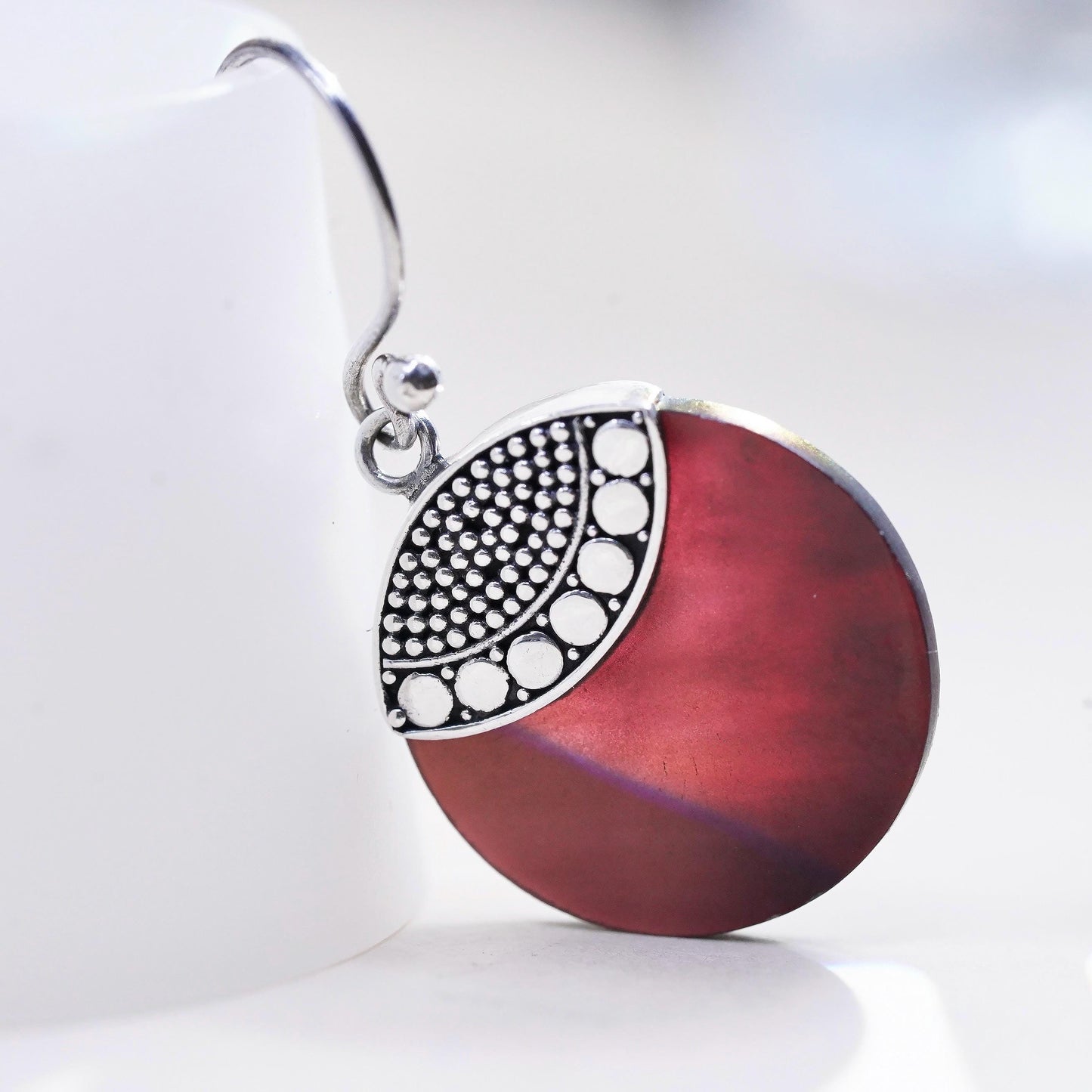 Vintage sterling silver handmade earrings, red mother of pearl round drops bead