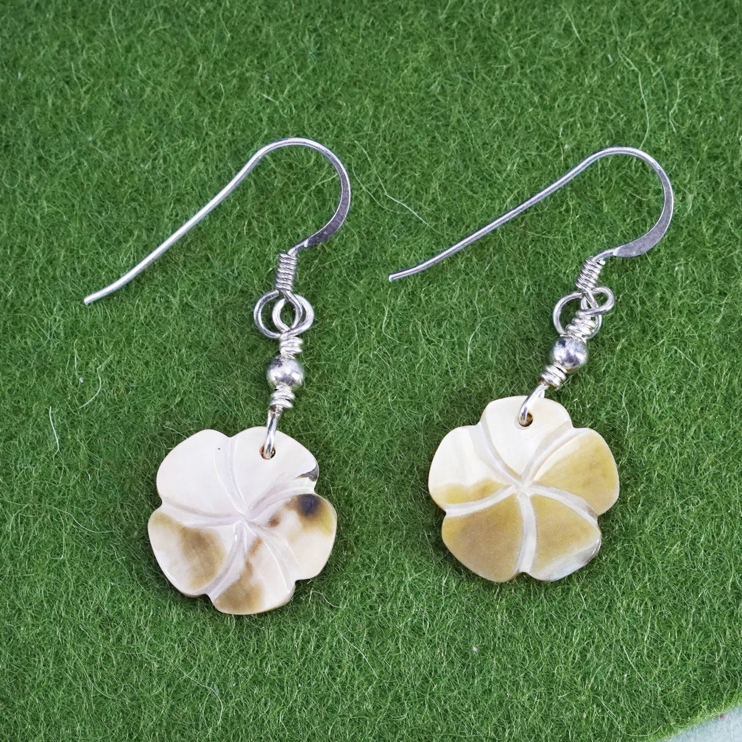 Vintage Sterling silver 925 handmade earrings w/ mother of pearl flower dangles