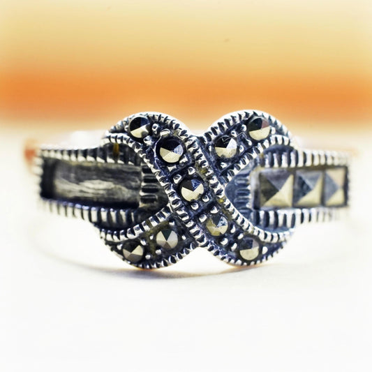 Size 7, Vintage Sterling silver handmade ring, 925 cross band with Marcasite