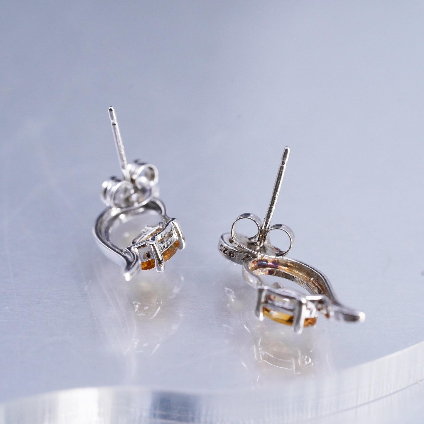 Vintage minimalist Modern wave Sterling Silver Earrings, 925 Studs citrine