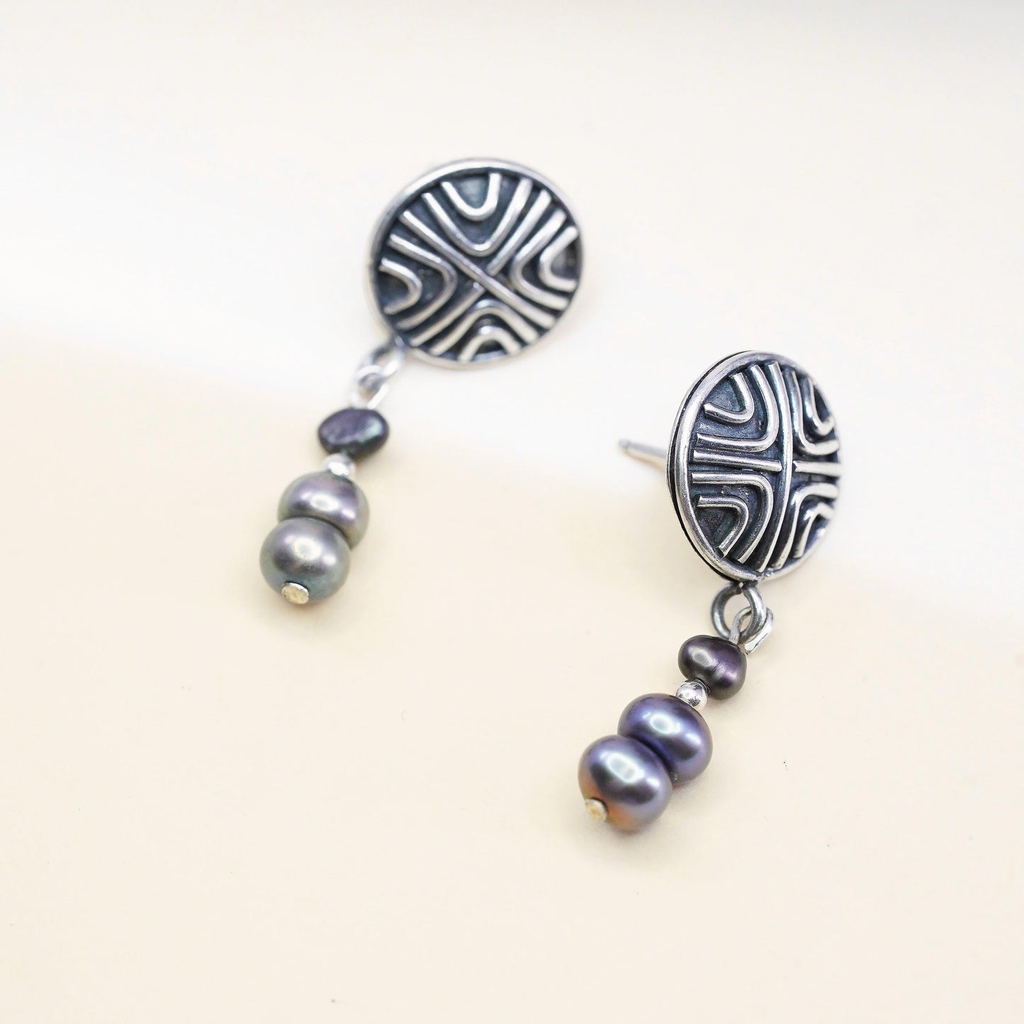 Vintage 925 Sterling Silver Black Freshwater Pearl Earrings, Geometric Studs