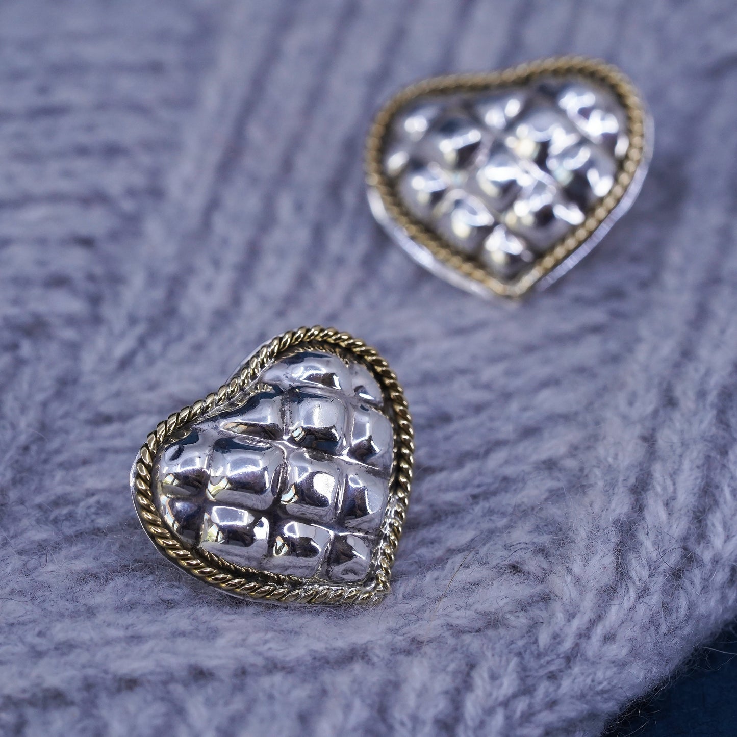 Vintage two tone Sterling silver handmade earrings, puffy 925 heart studs brass