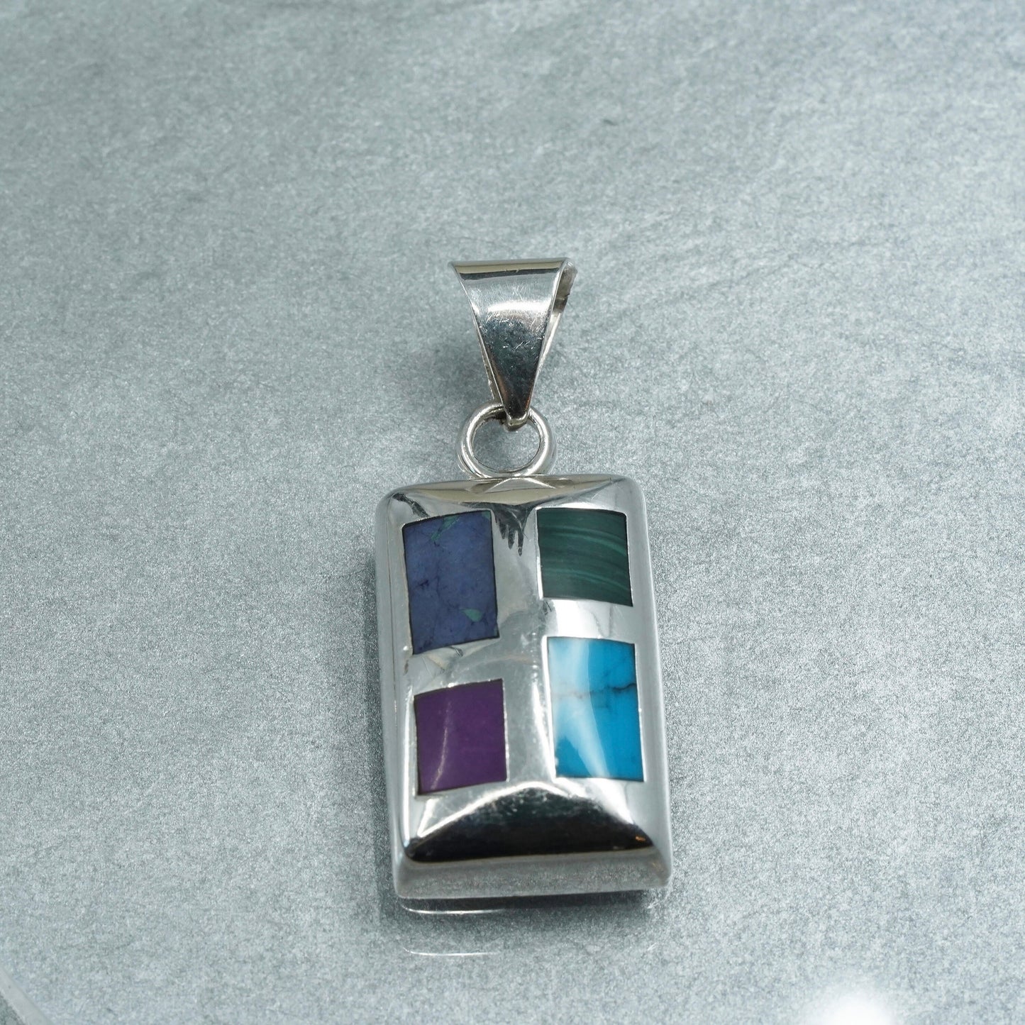 sterling 925 silver handmade regtangular pendant turquoise malachite sodalite