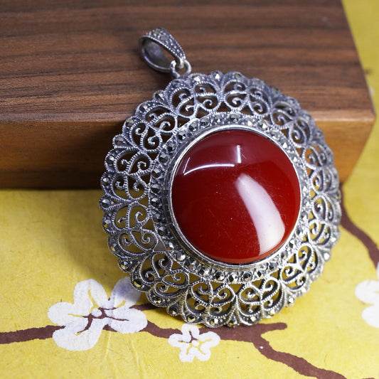 Vintage Sterling 925 silver filigree sun pendant red onyx cluster marcasite