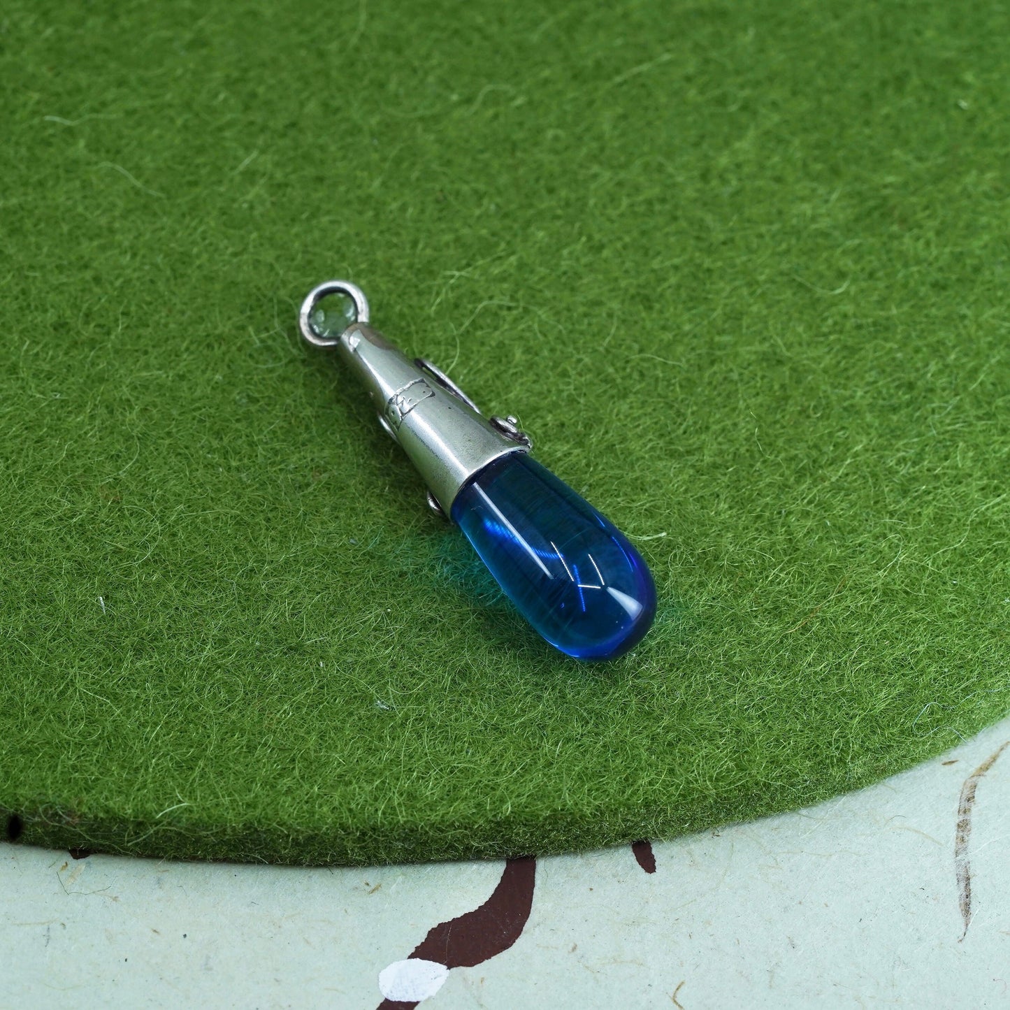 Vintage handmade Sterling 925 silver pendant with teardrop blue glass