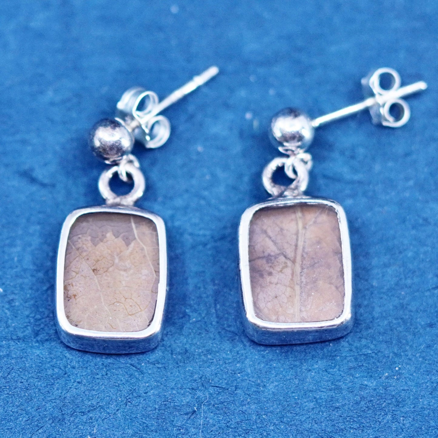 Vintage sterling silver handmade earrings, 925 drops with leaf inlay