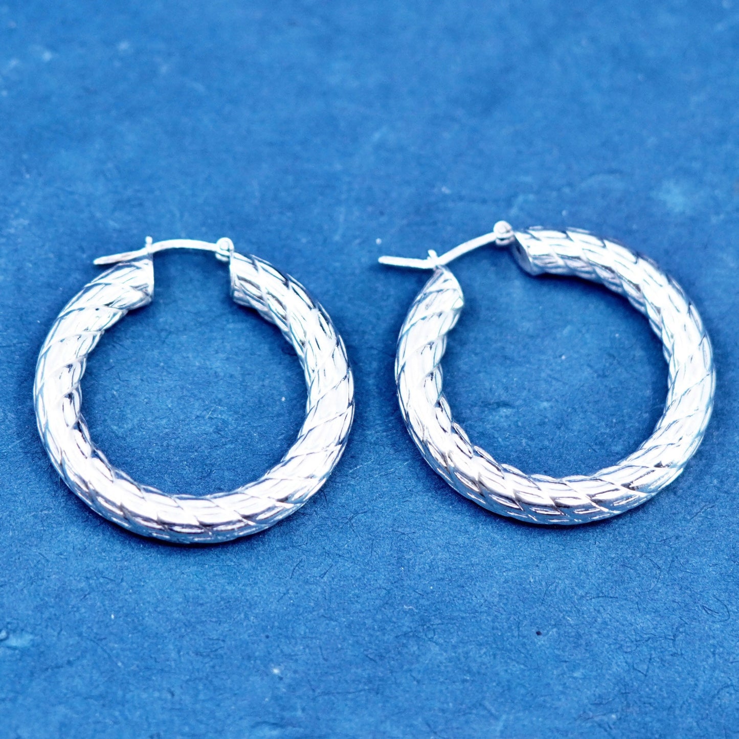 1.25”, Italian Sterling silver handmade earrings, textured 925 hoops Huggie