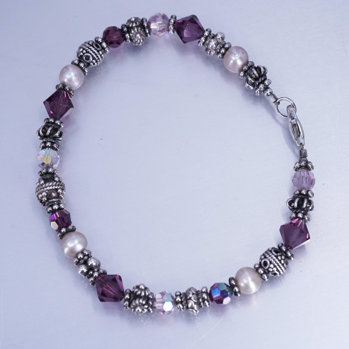 8”, vintage Sterling 925 silver handmade bracelet with pearl amethyst beads
