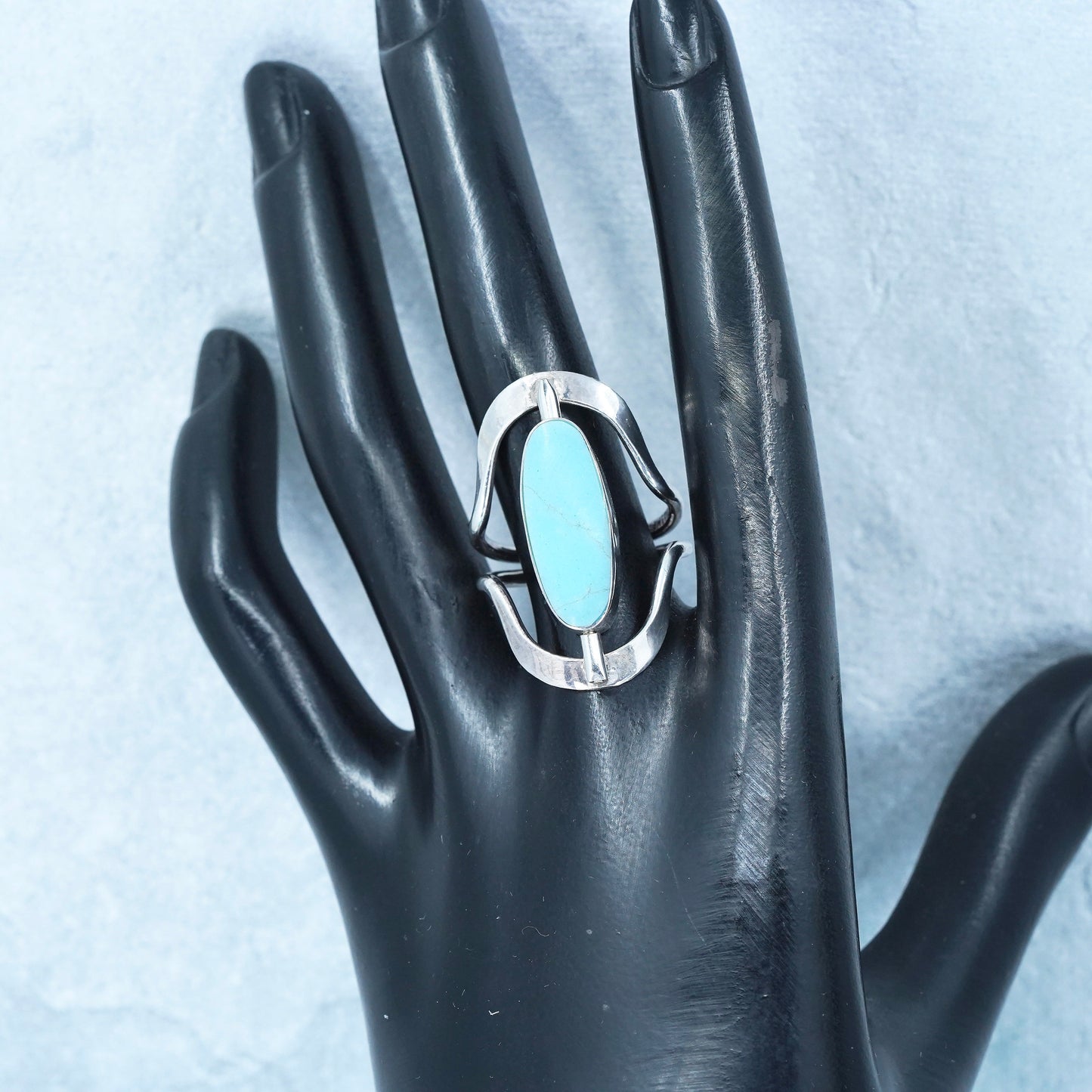 Size 8, Mexican Sterling 925 silver handmade spinner ring with onyx turquoise