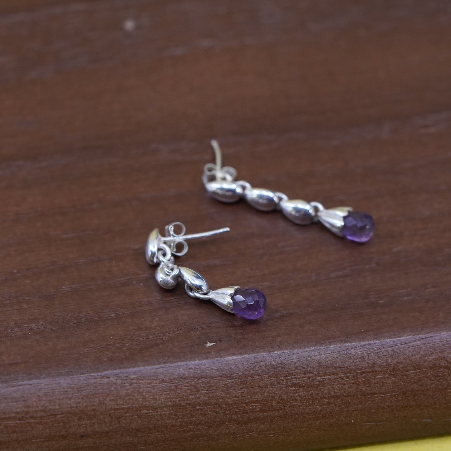 Vintage Sterling 925 silver handmade teardrop earrings with amethyst