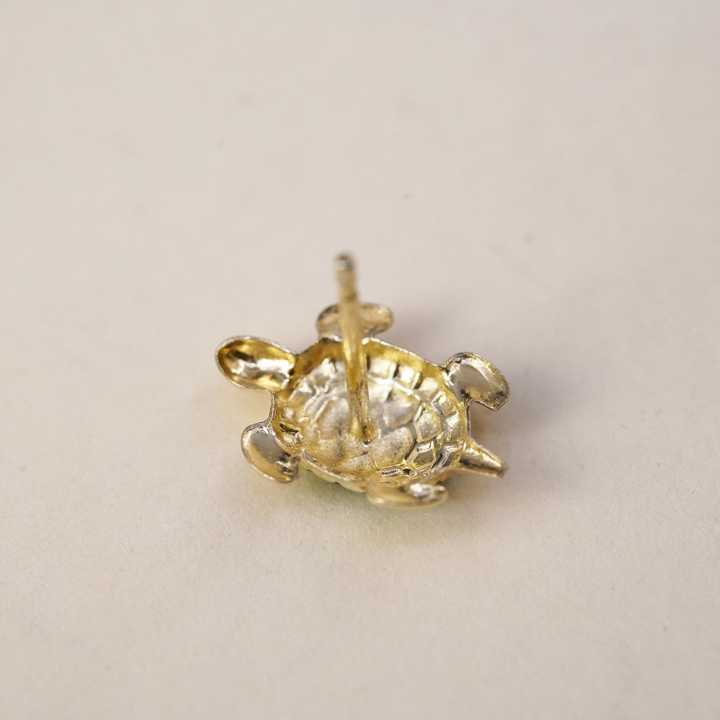 vermeil gold over single earring. Sterling 925 silver green enamel turtle stud