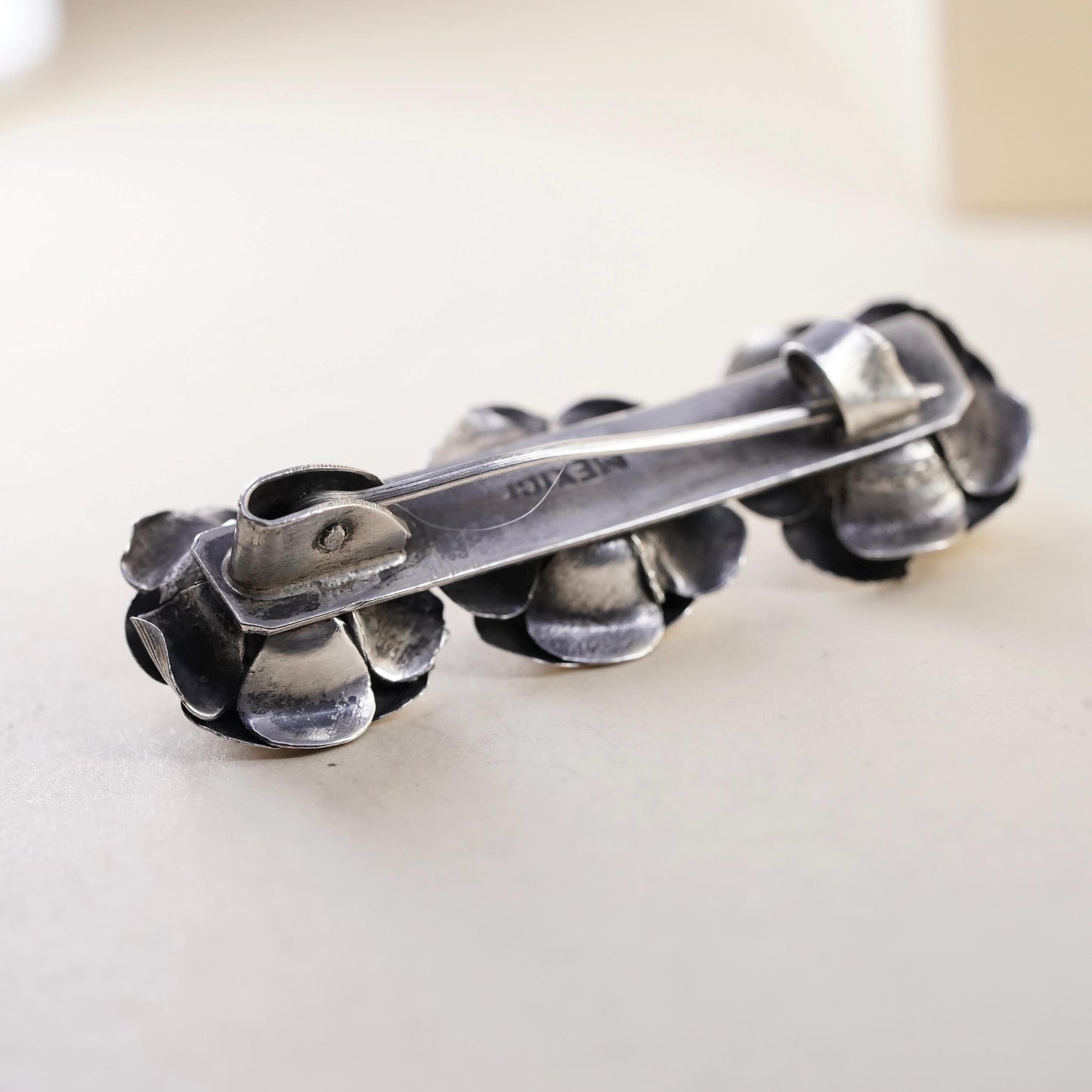 Vintage Mexican sterling silver handmade brooch, solid 925 silver flowers