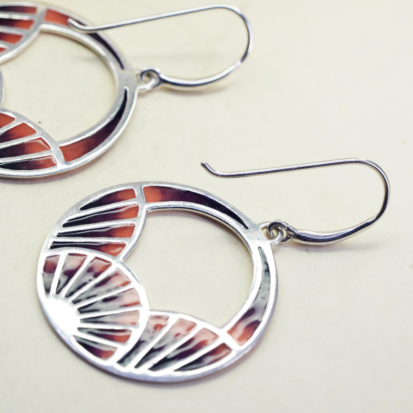 Vintage sterling silver handmade earrings, 925 abstract circle with pink enamel