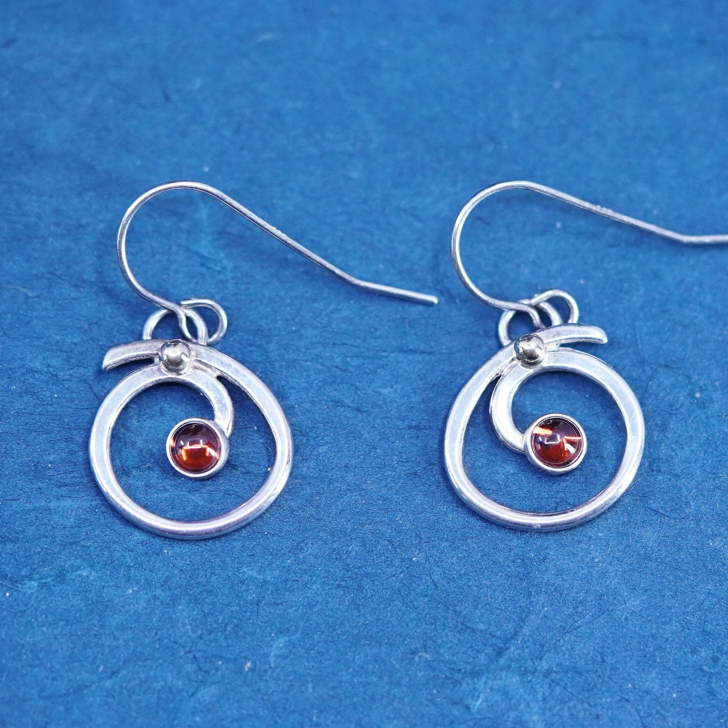 sterling silver handmade earrings, 925 twisted hopps with garnet beads drop